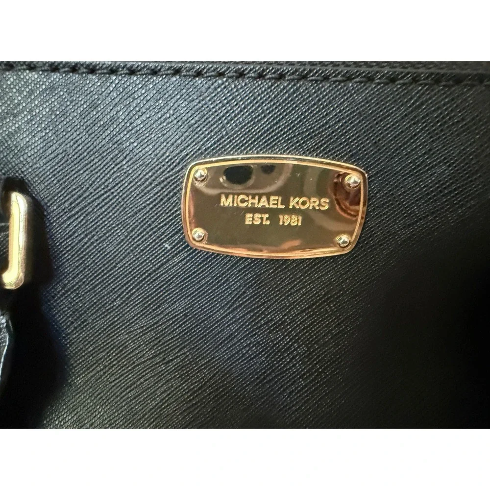Michael Kors Black Saffiano Leather Satchel Handbag Gold Hardware MK Charm